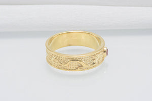 14K Gold Ring with Dragon and Red Cubic Zirconia Jewelry - vikingworkshop