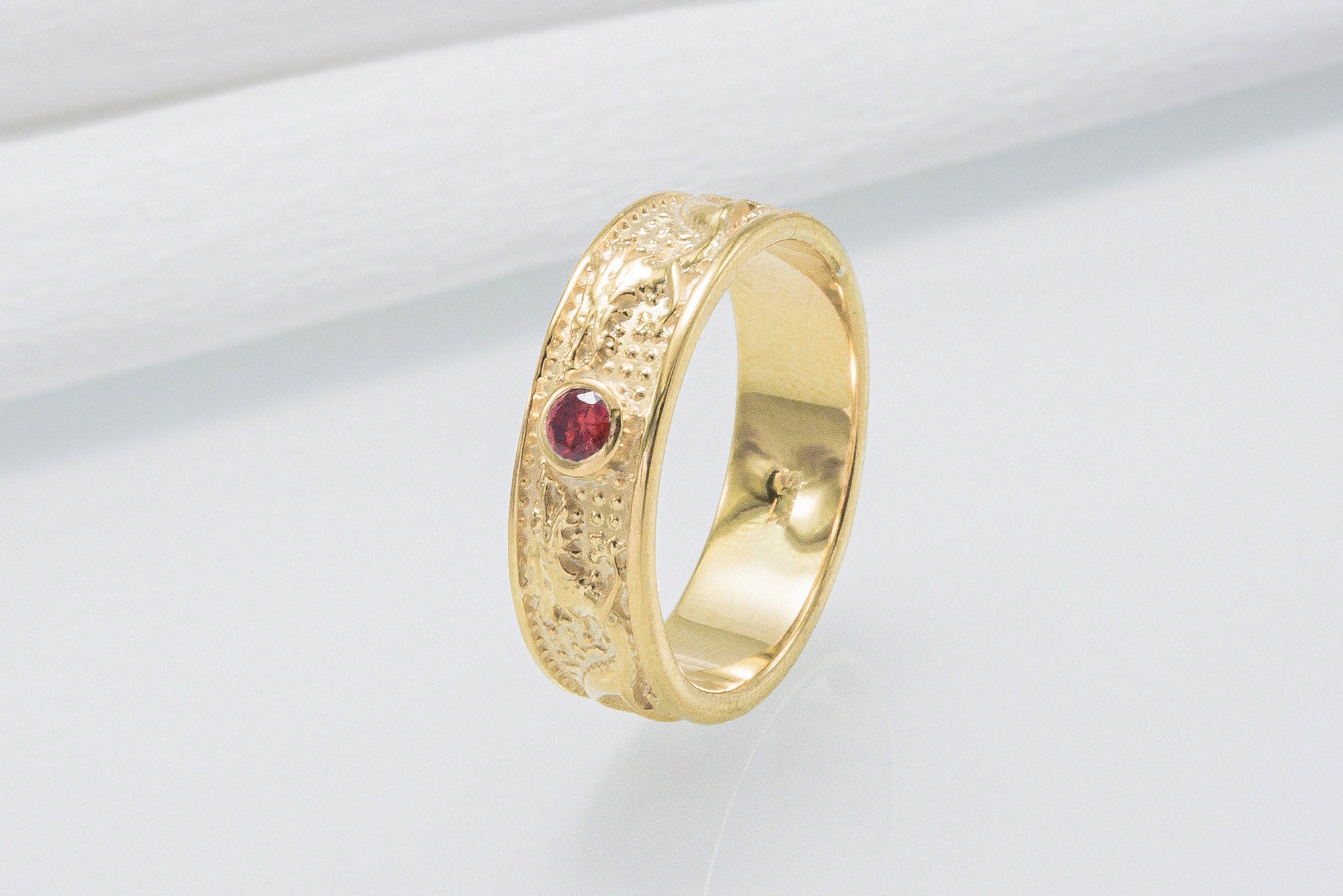 14K Gold Ring with Dragon and Red Cubic Zirconia Jewelry - vikingworkshop