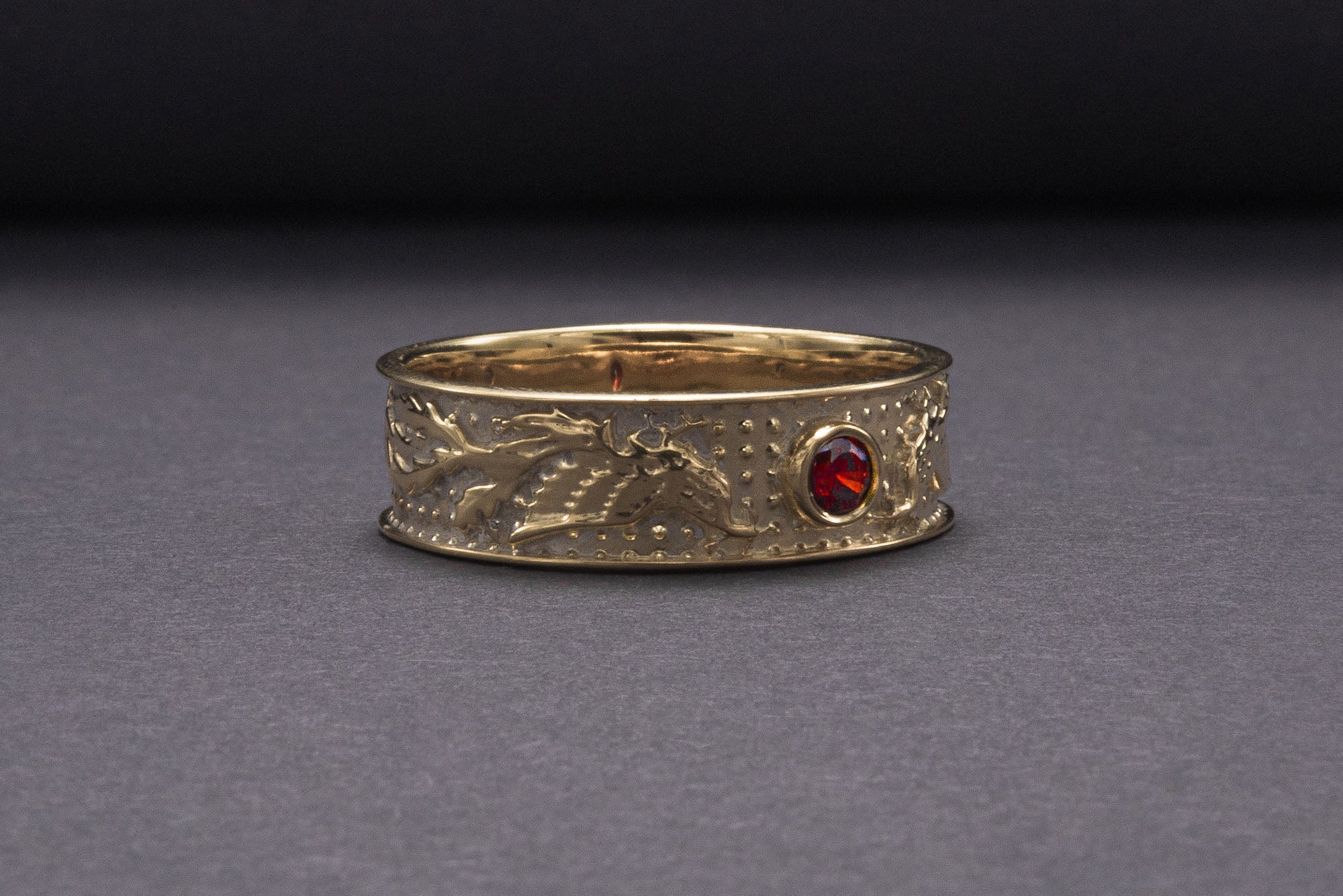 14K Gold Ring with Dragon and Red Cubic Zirconia Jewelry - vikingworkshop