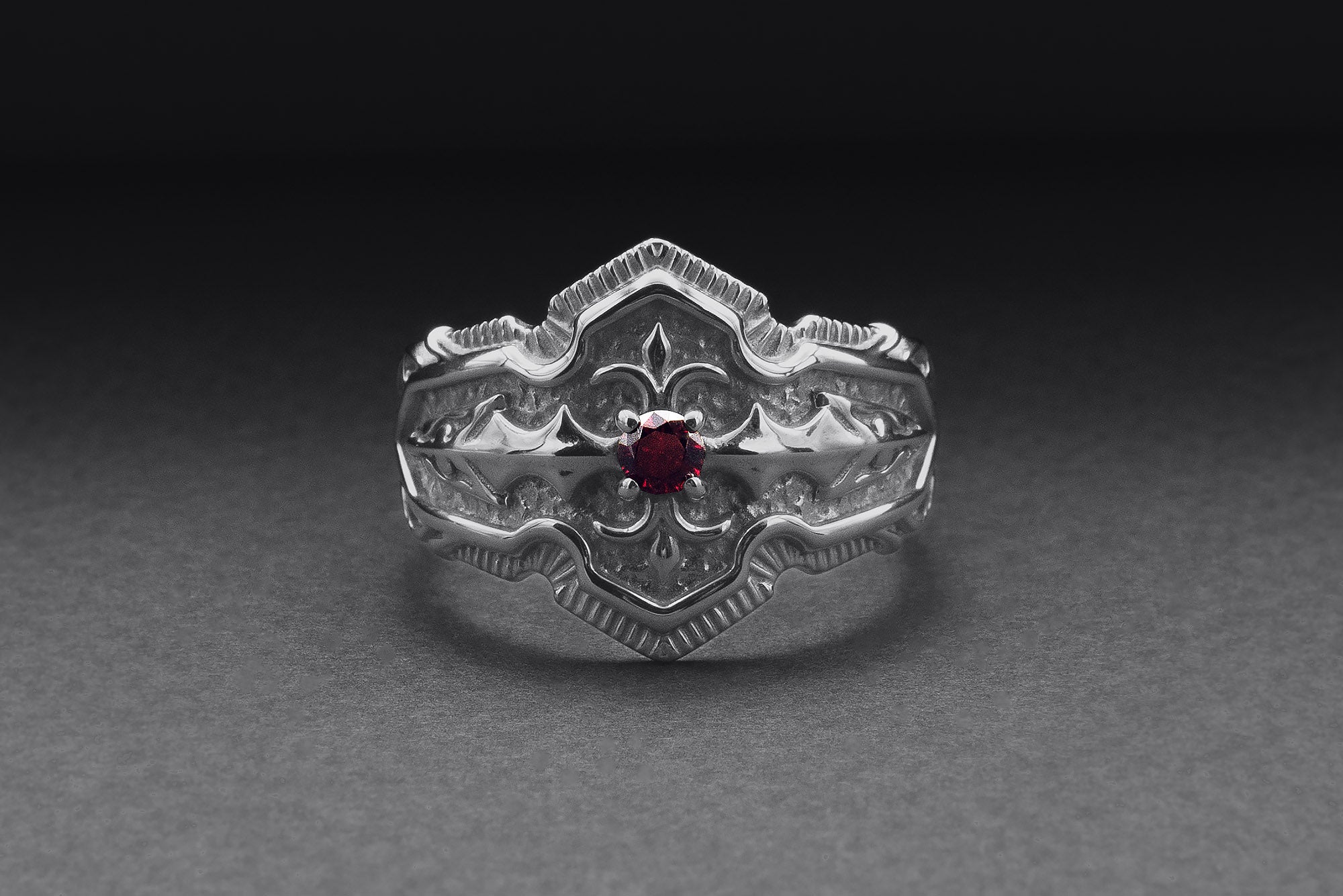 950 Platinum Ring with Red Cubic Zirconia, Handmade Fashion Jewelry - vikingworkshop