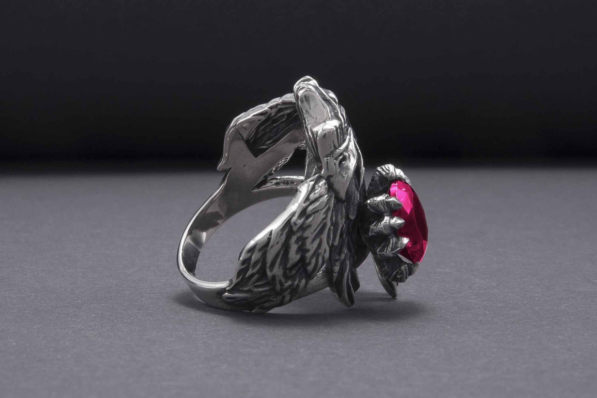 Unique 925 Silver Raven Ring With Gem, Handcrafted Jewelry - vikingworkshop