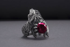 Unique 925 Silver Raven Ring With Gem, Handcrafted Jewelry - vikingworkshop