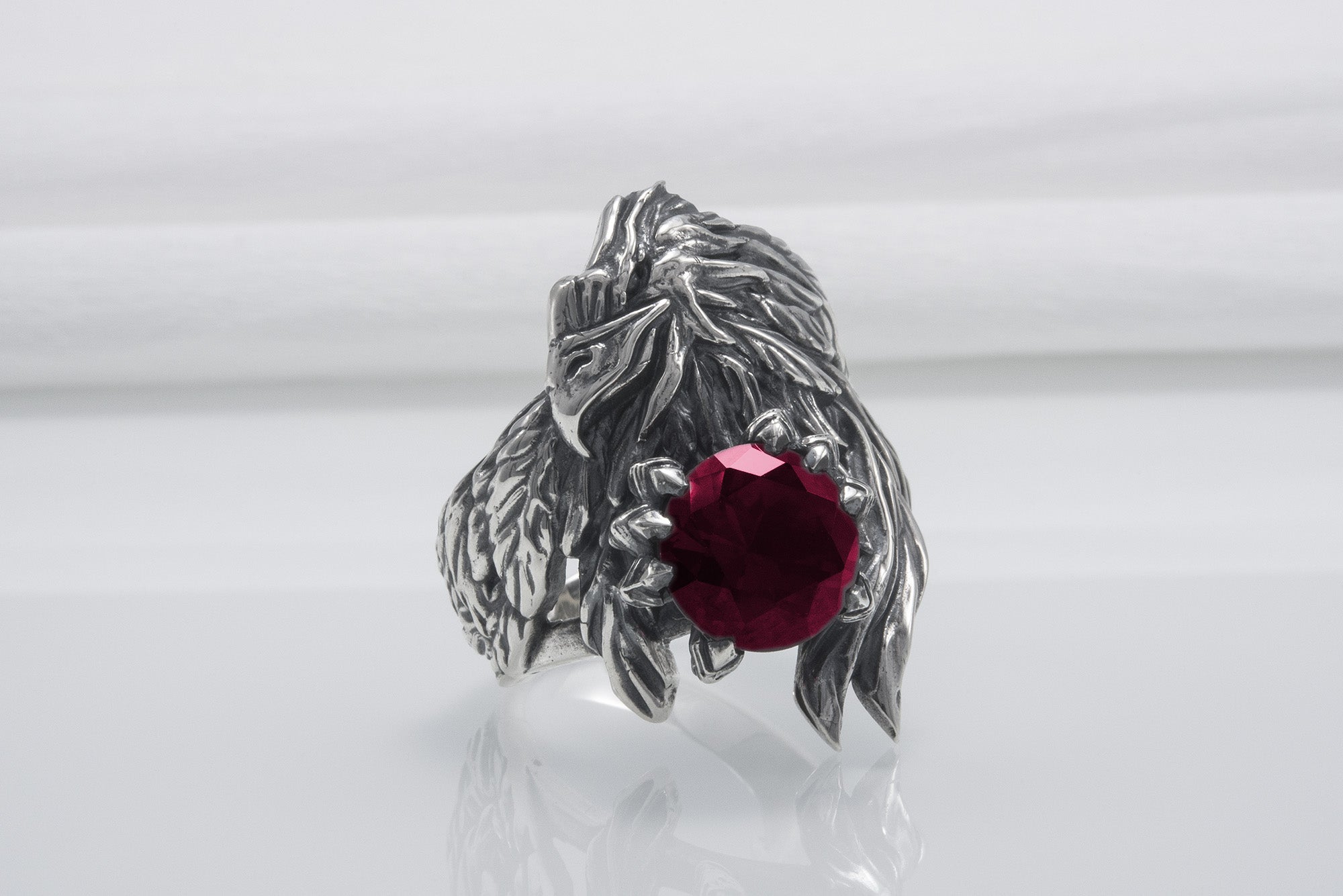 Unique 925 Silver Raven Ring With Gem, Handcrafted Jewelry - vikingworkshop