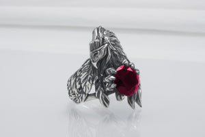 Unique 925 Silver Raven Ring With Gem, Handcrafted Jewelry - vikingworkshop