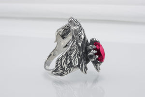 Unique 925 Silver Raven Ring With Gem, Handcrafted Jewelry - vikingworkshop