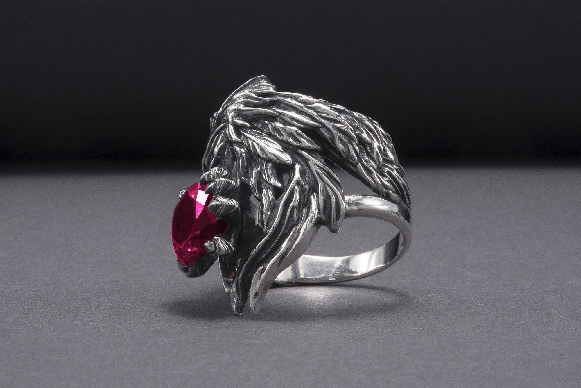 Unique 925 Silver Raven Ring With Gem, Handcrafted Jewelry - vikingworkshop