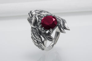 Unique 925 Silver Raven Ring With Gem, Handcrafted Jewelry - vikingworkshop