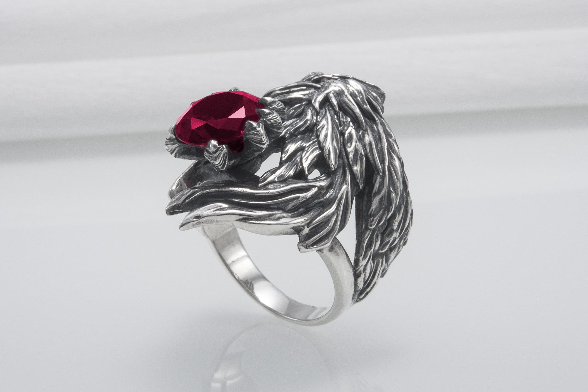 Unique 925 Silver Raven Ring With Gem, Handcrafted Jewelry - vikingworkshop