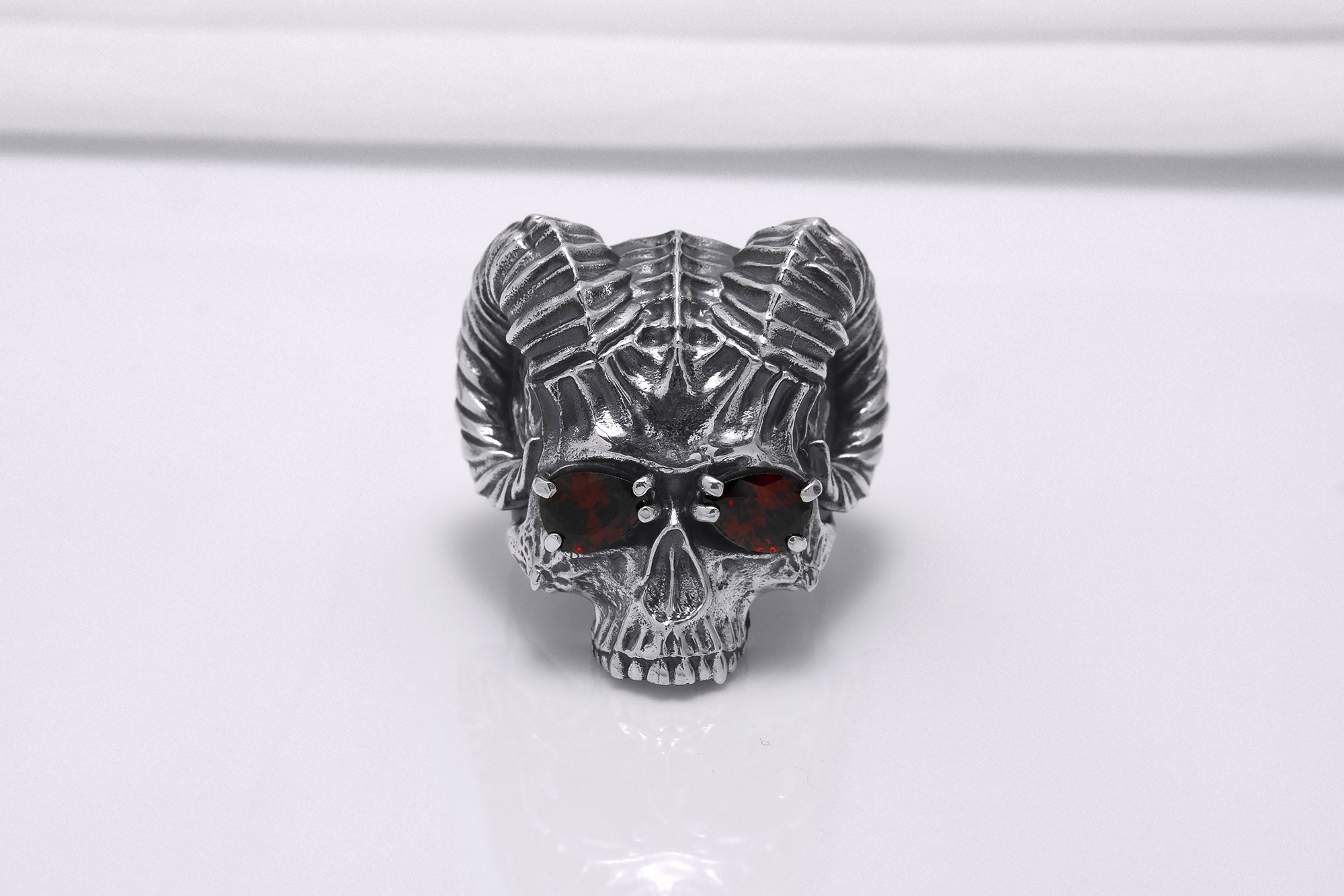 Sterling Silver Ram's Skull Ring with Red Gems, Handcrafted Brutal Jewelry