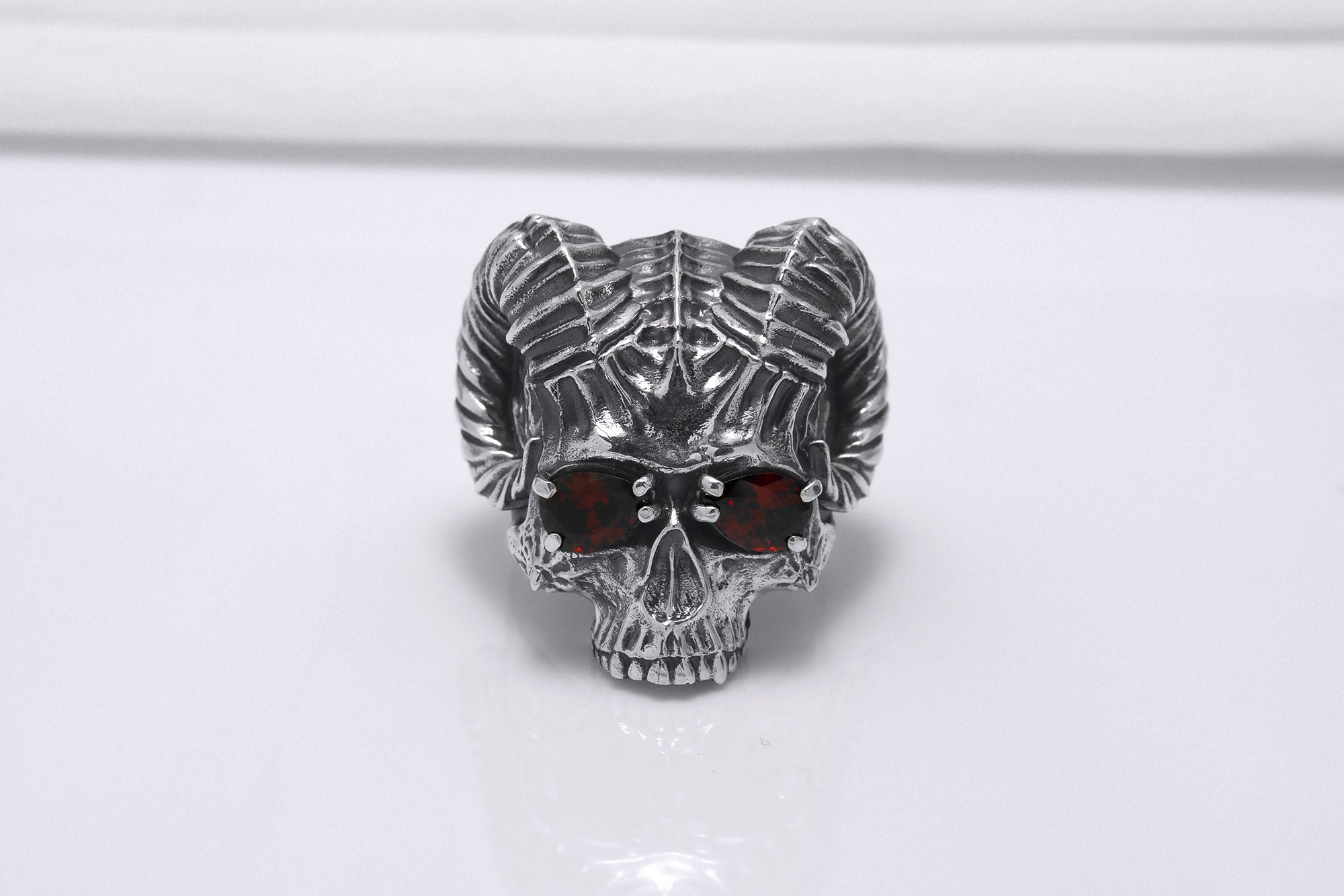 Sterling Silver Ram's Skull Ring with Red Gems, Handcrafted Brutal Jewelry - vikingworkshop