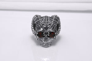 Sterling Silver Ram's Skull Ring with Red Gems, Handcrafted Brutal Jewelry - vikingworkshop