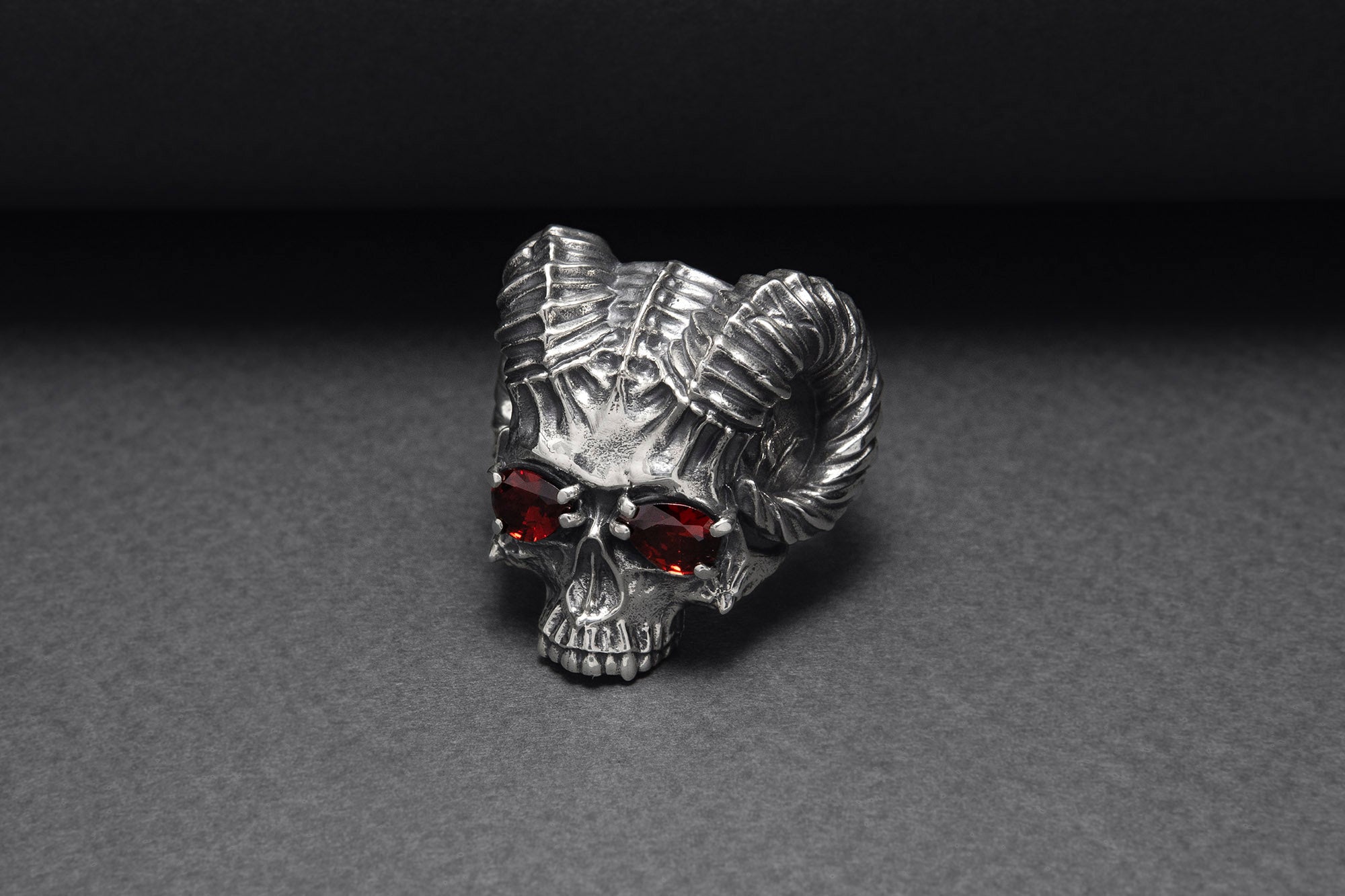 Sterling Silver Ram's Skull Ring with Red Gems, Handcrafted Brutal Jewelry - vikingworkshop