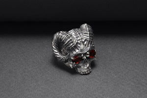 Sterling Silver Ram's Skull Ring with Red Gems, Handcrafted Brutal Jewelry - vikingworkshop