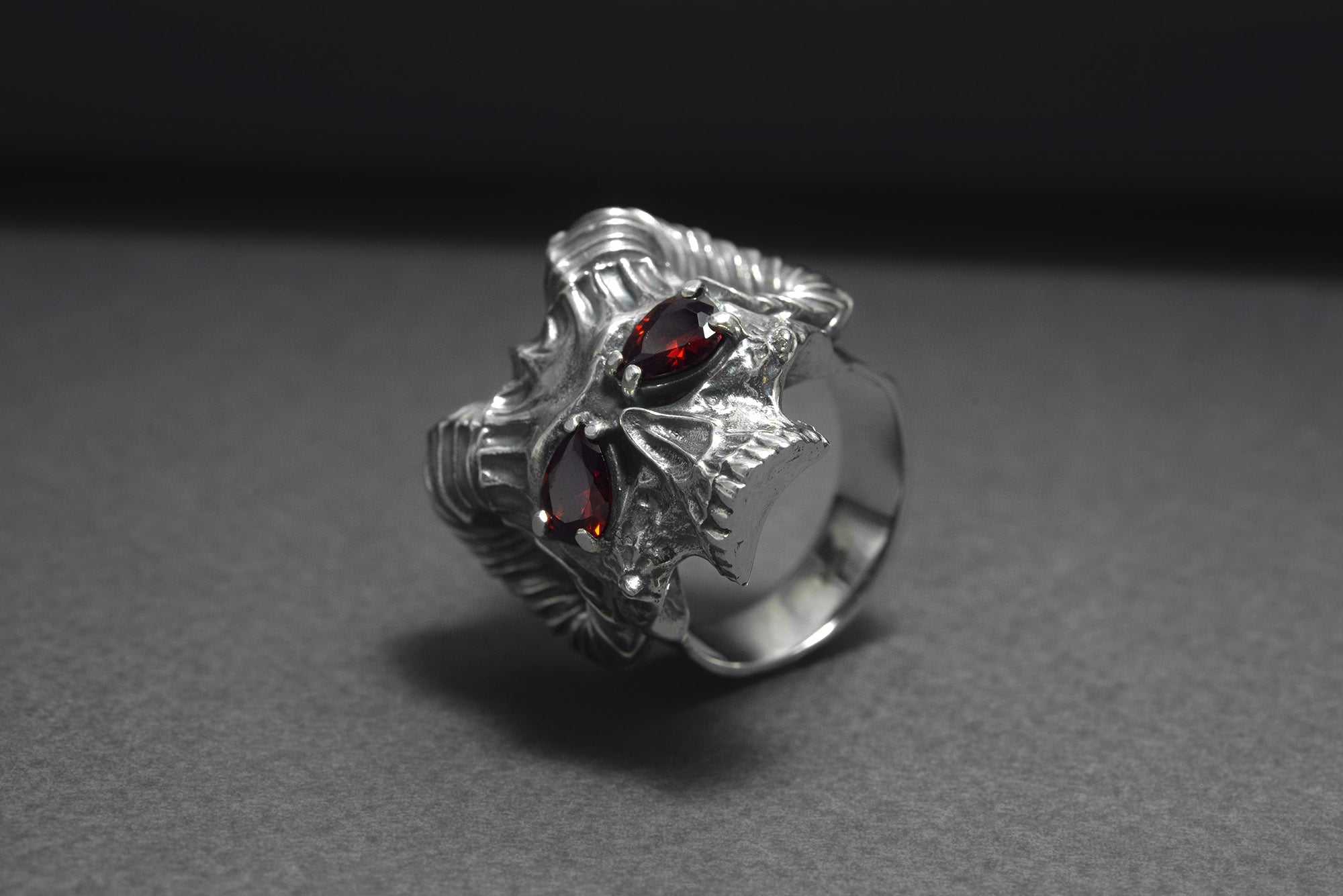 Sterling Silver Ram's Skull Ring with Red Gems, Handcrafted Brutal Jewelry - vikingworkshop