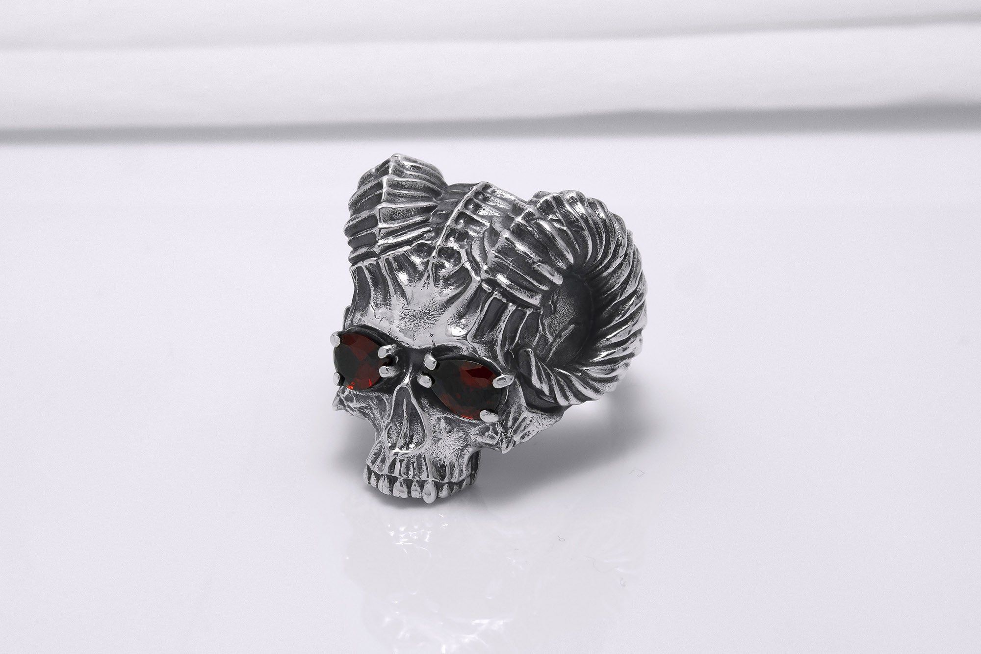 Sterling Silver Ram's Skull Ring with Red Gems, Handcrafted Brutal Jewelry - vikingworkshop