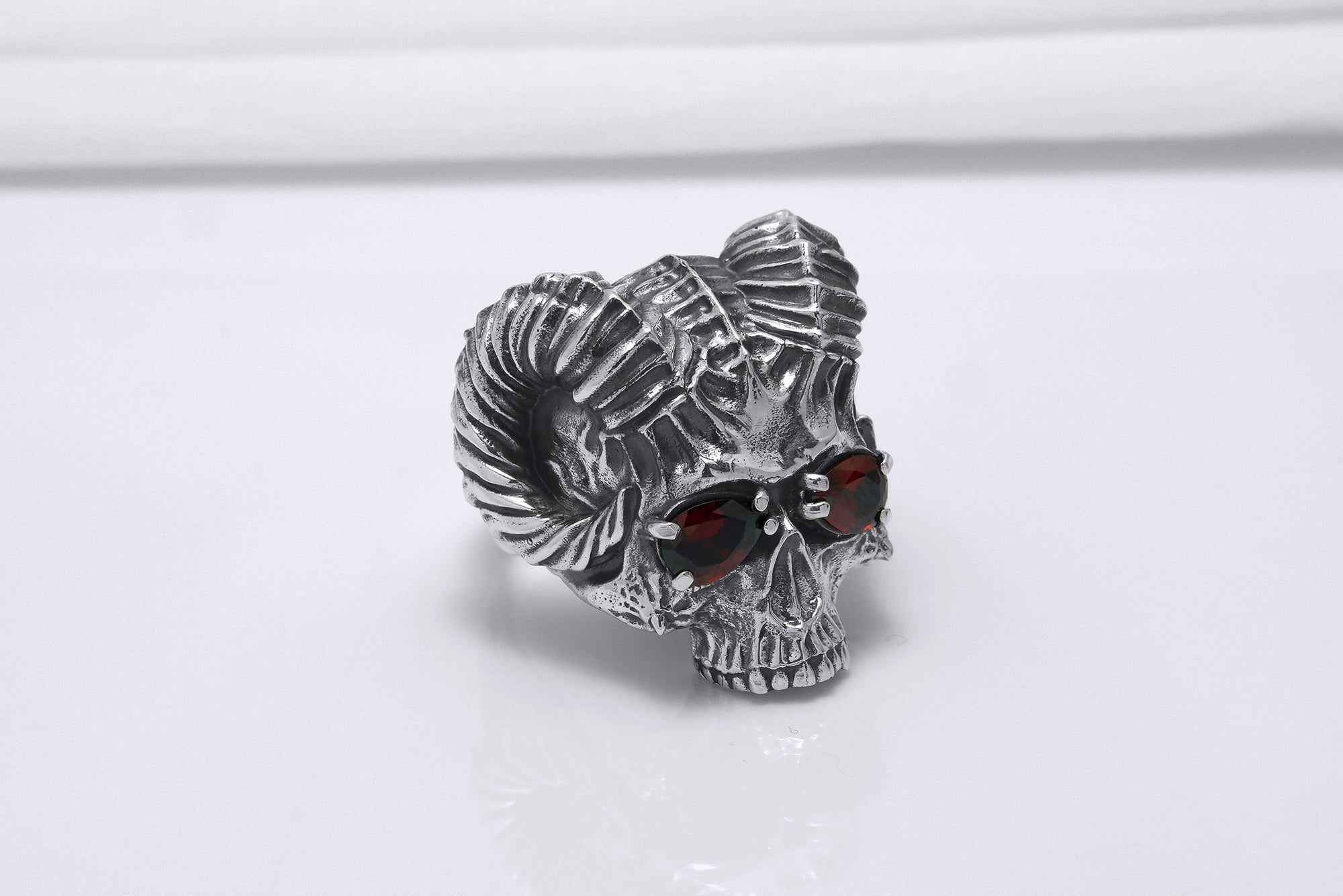 Sterling Silver Ram's Skull Ring with Red Gems, Handcrafted Brutal Jewelry - vikingworkshop