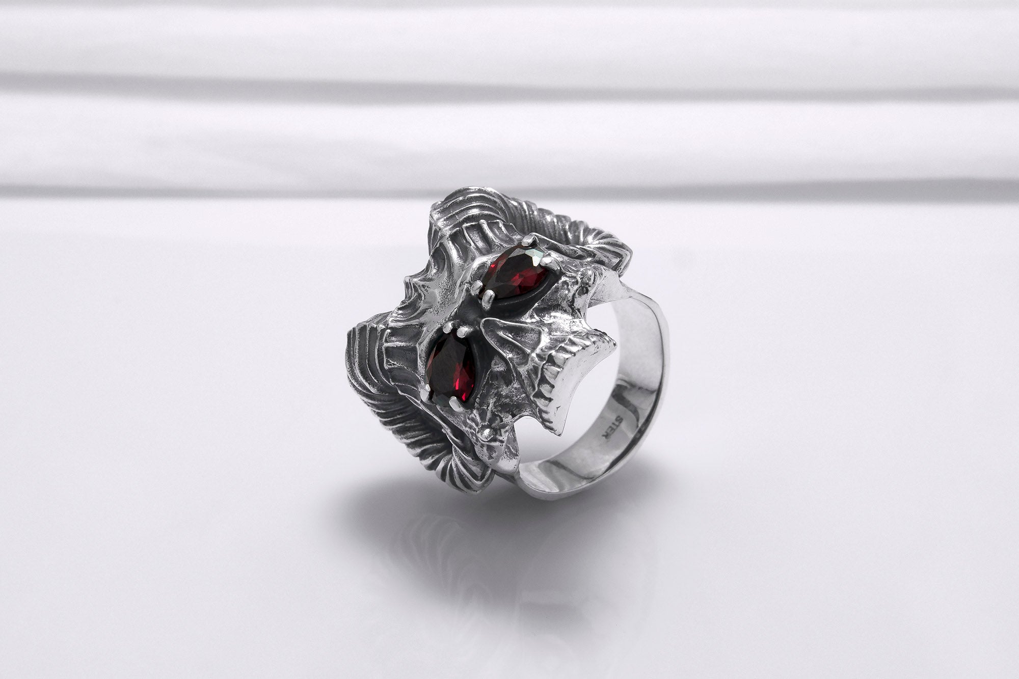 Sterling Silver Ram's Skull Ring with Red Gems, Handcrafted Brutal Jewelry - vikingworkshop