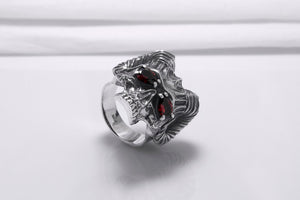 Sterling Silver Ram's Skull Ring with Red Gems, Handcrafted Brutal Jewelry - vikingworkshop