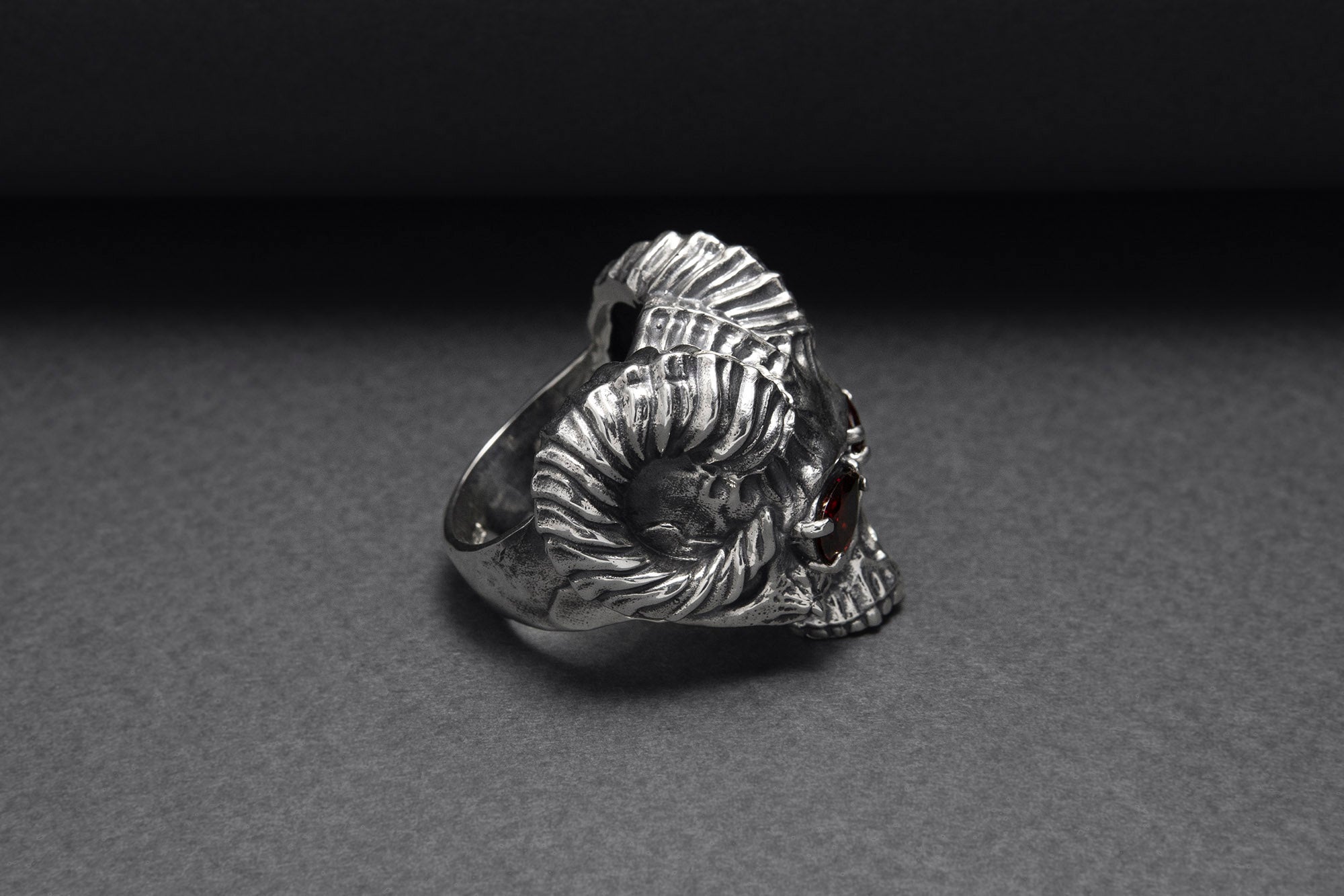 Sterling Silver Ram's Skull Ring with Red Gems, Handcrafted Brutal Jewelry - vikingworkshop