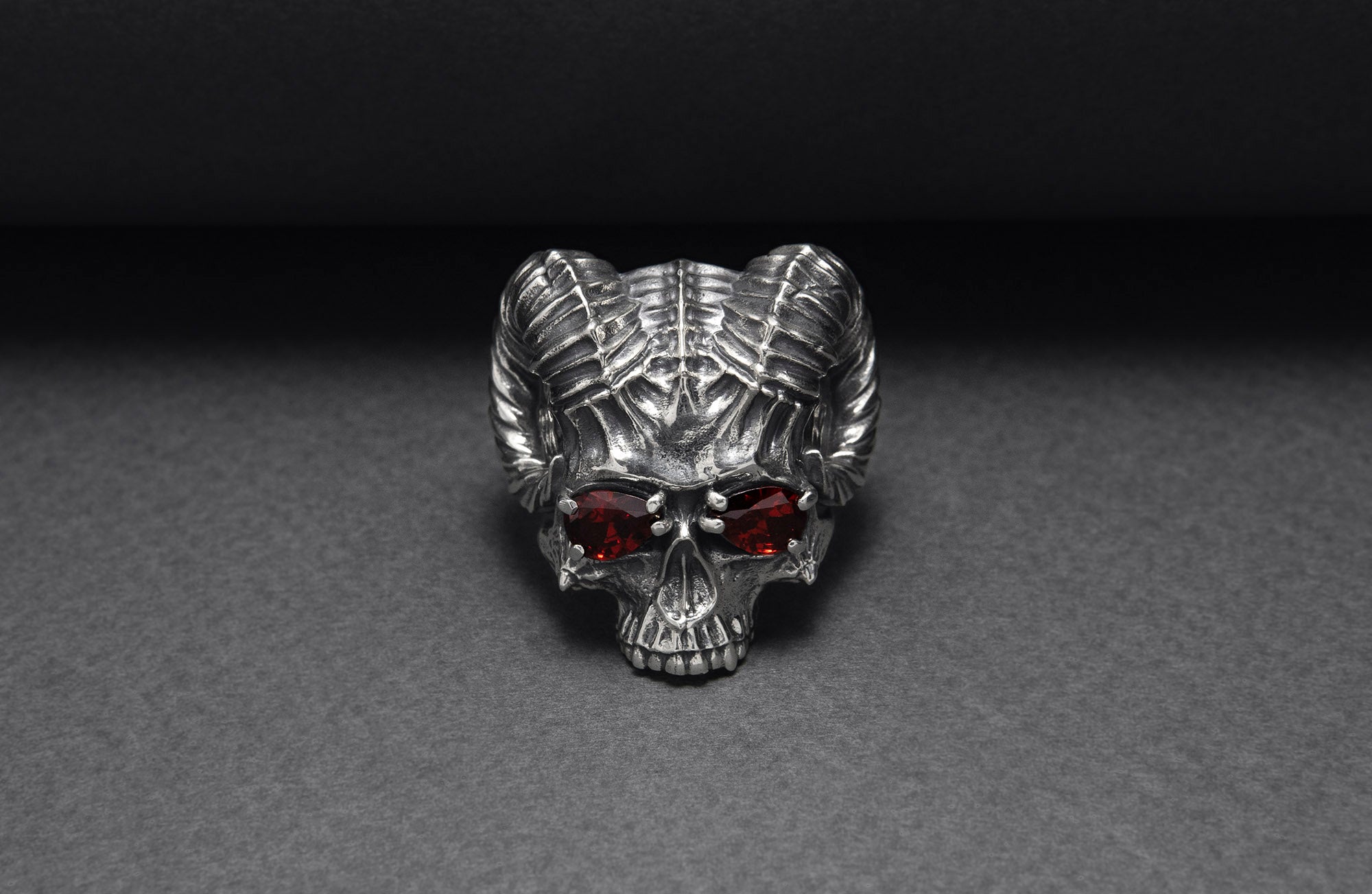 Sterling Silver Ram's Skull Ring with Red Gems, Handcrafted Brutal Jewelry - vikingworkshop