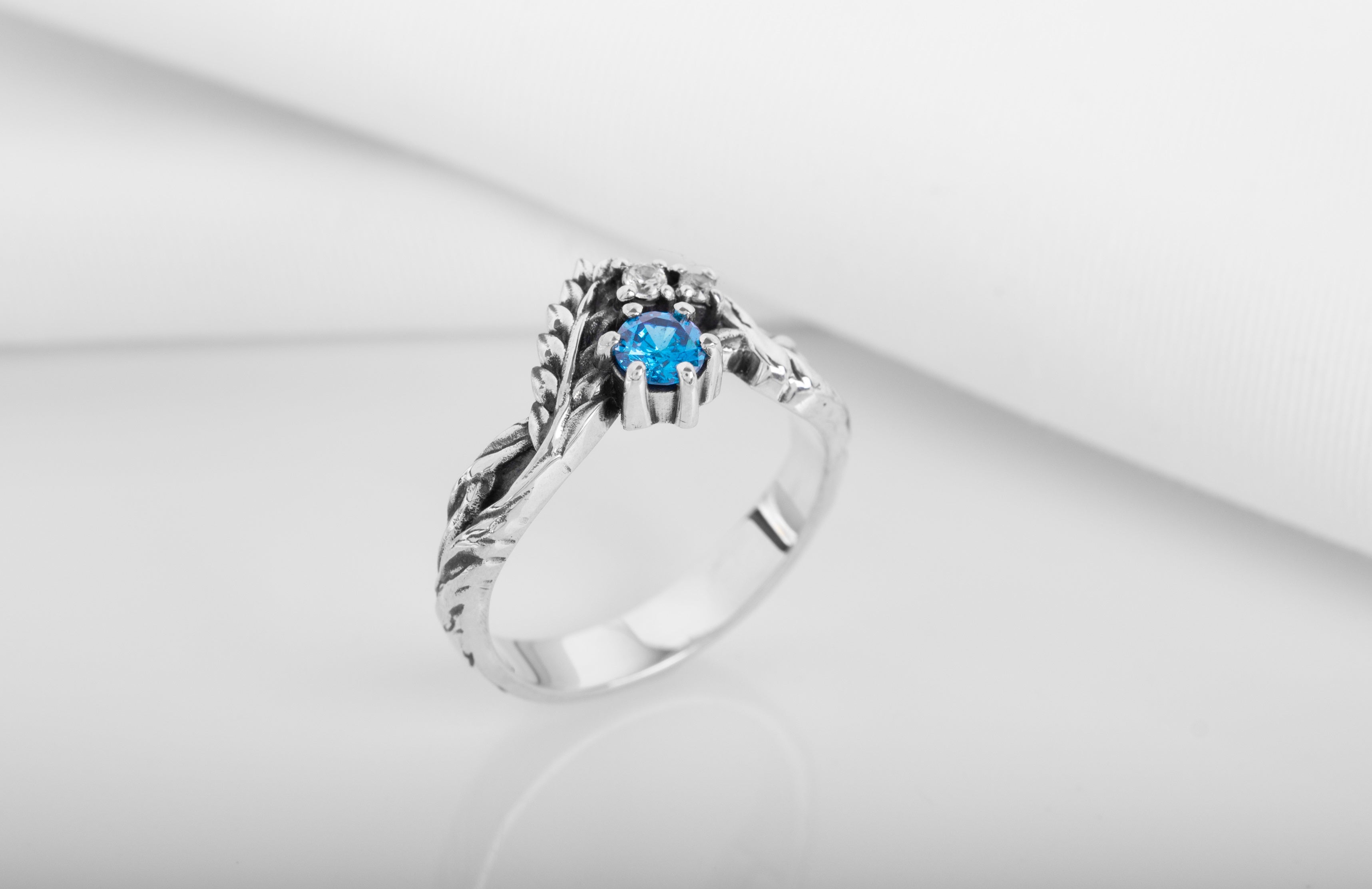 925 Silver Fashion Ring with Blue and Clear Gems and Leaves, unique handmade jewelry - vikingworkshop