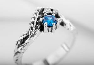 925 Silver Fashion Ring with Blue and Clear Gems and Leaves, unique handmade jewelry - vikingworkshop