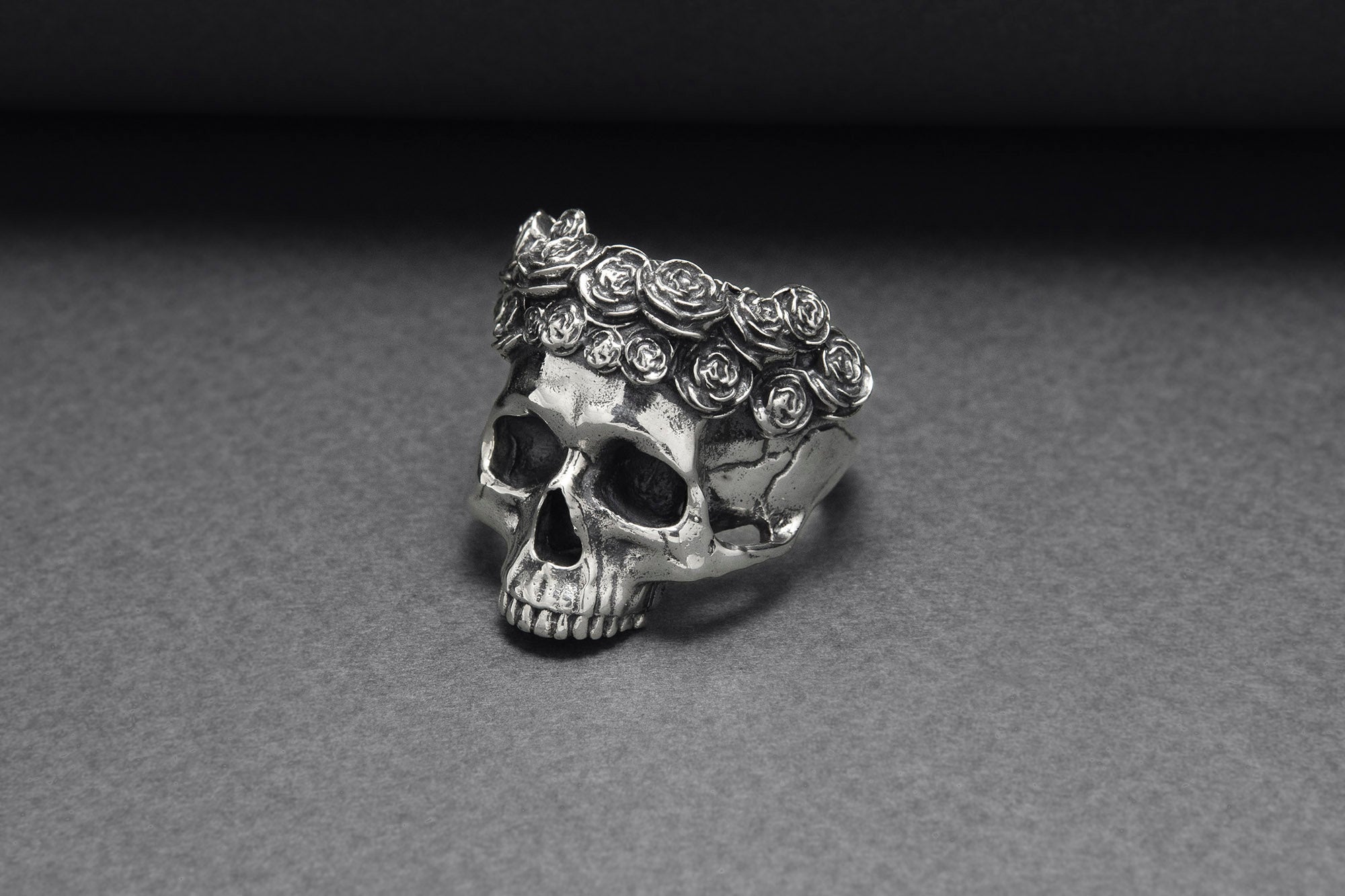 925 Silver Skull Ring with Rose Crown, Handcrafted Brutal Jewelry