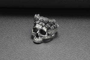 925 Silver Skull Ring with Rose Crown, Handcrafted Brutal Jewelry - vikingworkshop