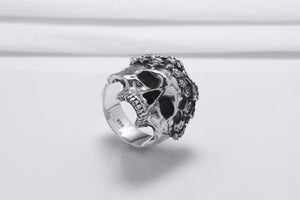 925 Silver Skull Ring with Rose Crown, Handcrafted Brutal Jewelry - vikingworkshop