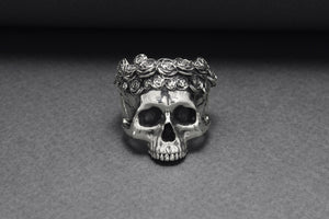 925 Silver Skull Ring with Rose Crown, Handcrafted Brutal Jewelry - vikingworkshop