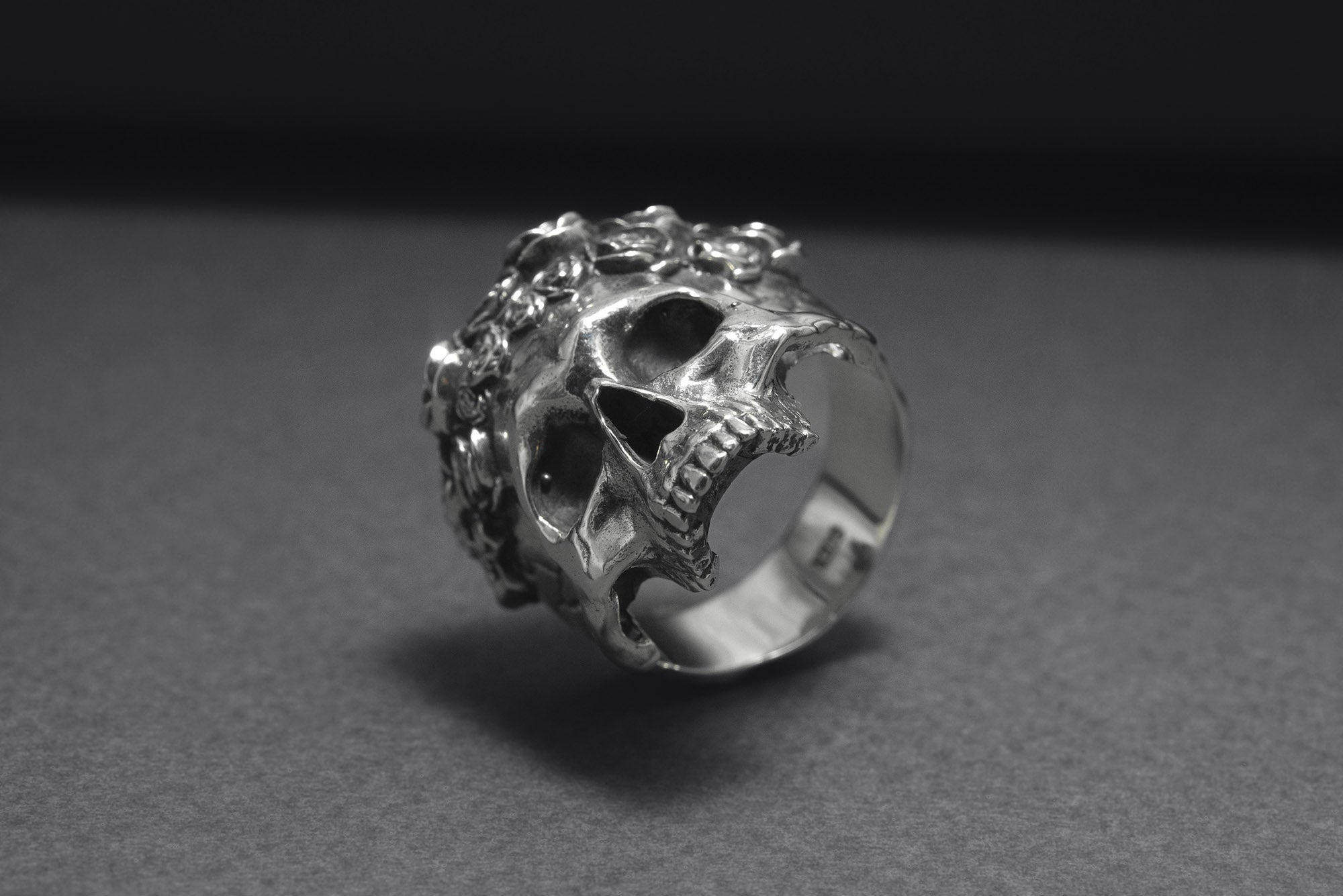 925 Silver Skull Ring with Rose Crown, Handcrafted Brutal Jewelry - vikingworkshop