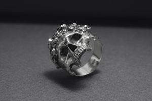 925 Silver Skull Ring with Rose Crown, Handcrafted Brutal Jewelry - vikingworkshop