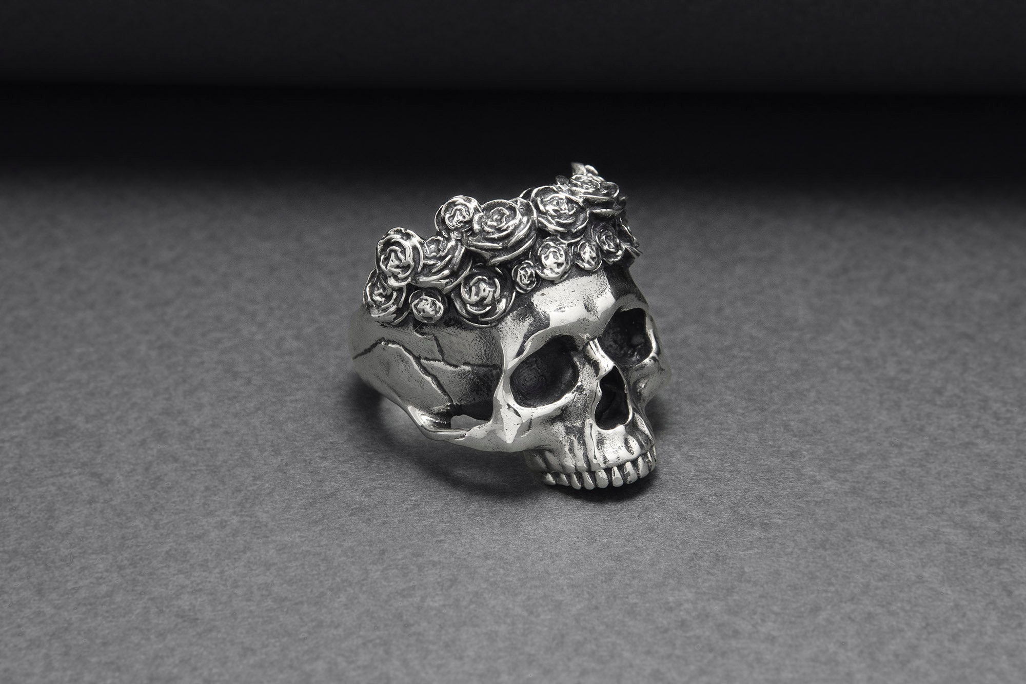 925 Silver Skull Ring with Rose Crown, Handcrafted Brutal Jewelry