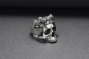 925 Silver Skull Ring with Rose Crown, Handcrafted Brutal Jewelry - vikingworkshop