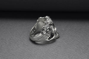 925 Silver Skull Ring with Rose Crown, Handcrafted Brutal Jewelry - vikingworkshop