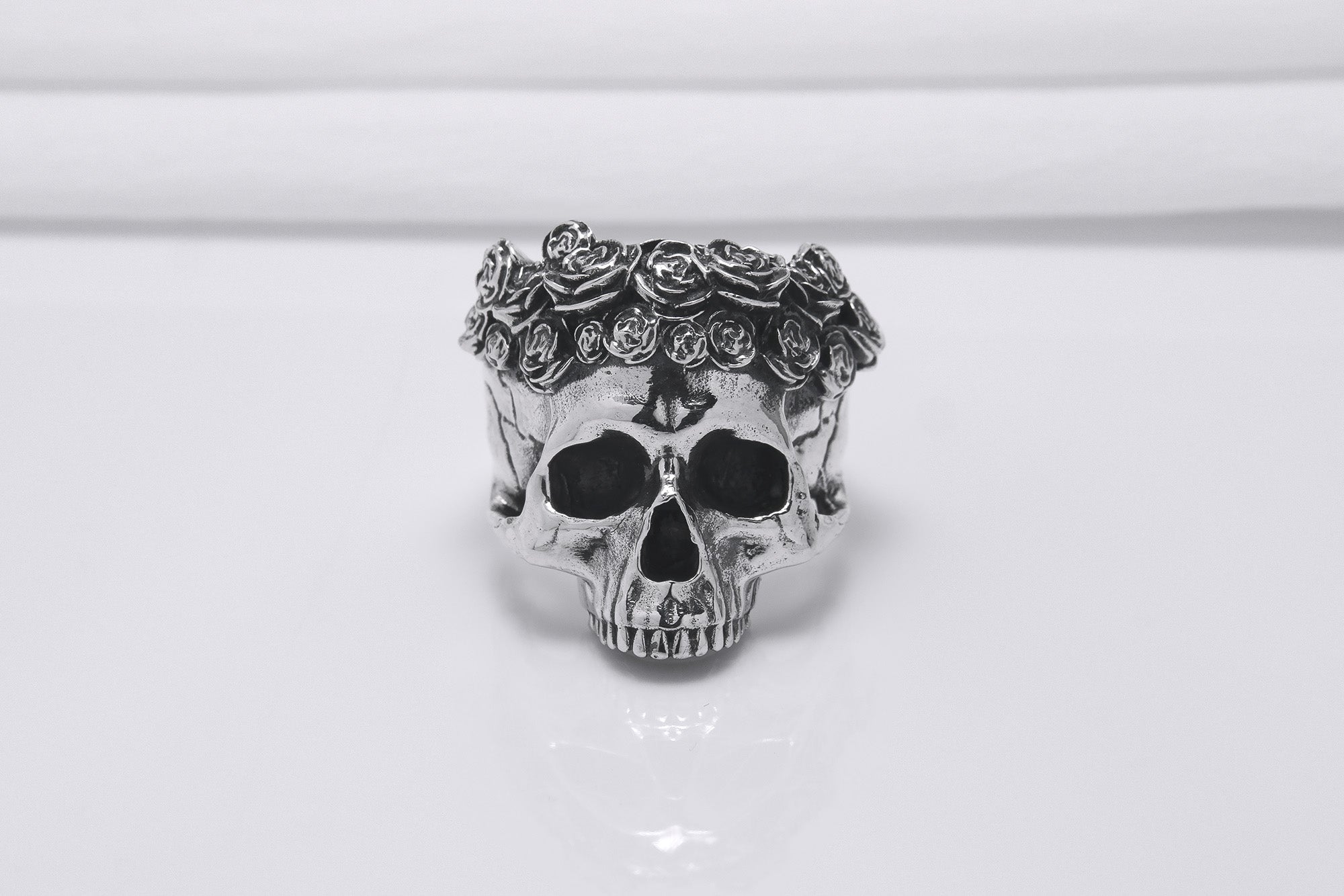 925 Silver Skull Ring with Rose Crown, Handcrafted Brutal Jewelry - vikingworkshop