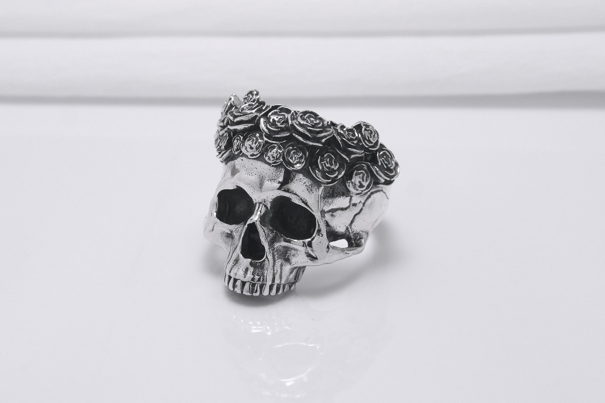 925 Silver Skull Ring with Rose Crown, Handcrafted Brutal Jewelry - vikingworkshop