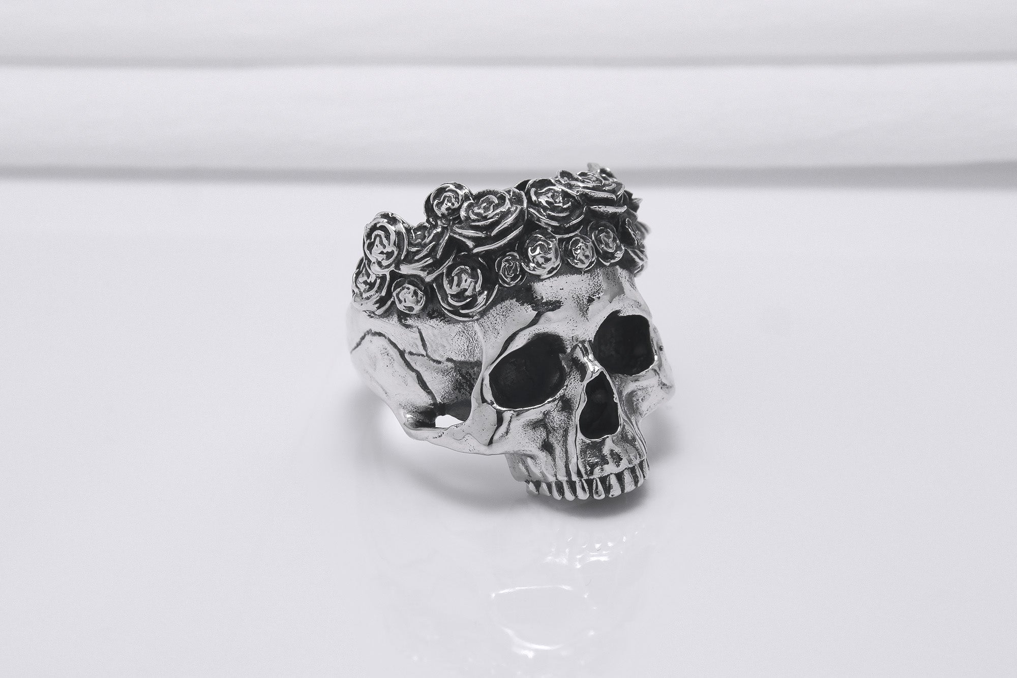 925 Silver Skull Ring with Rose Crown, Handcrafted Brutal Jewelry - vikingworkshop