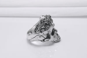 925 Silver Skull Ring with Rose Crown, Handcrafted Brutal Jewelry - vikingworkshop