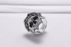 925 Silver Skull Ring with Rose Crown, Handcrafted Brutal Jewelry - vikingworkshop