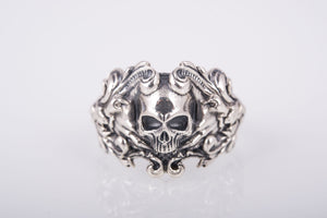 925 Silver Biker ring with Skull and Leaves, Unique handcrafted Jewelry - vikingworkshop