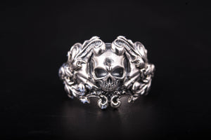 925 Silver Biker ring with Skull and Leaves, Unique handcrafted Jewelry - vikingworkshop