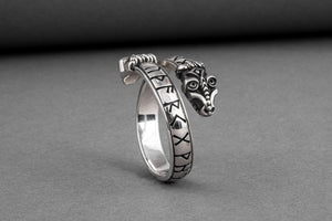 Unique sterling silver Snake ring with elder Futhark runes, handcrafted ancient norse jewel - vikingworkshop