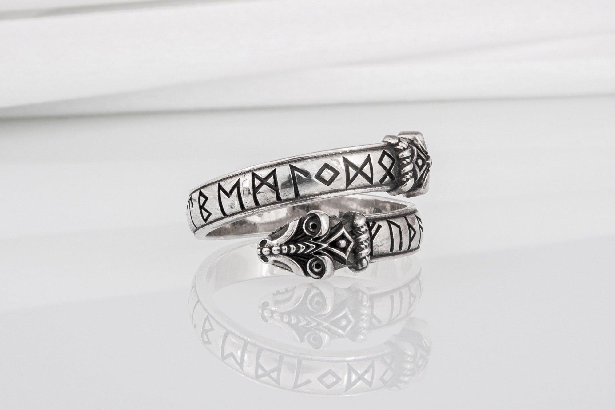 Unique sterling silver Snake ring with elder Futhark runes, handcrafted ancient norse jewel - vikingworkshop