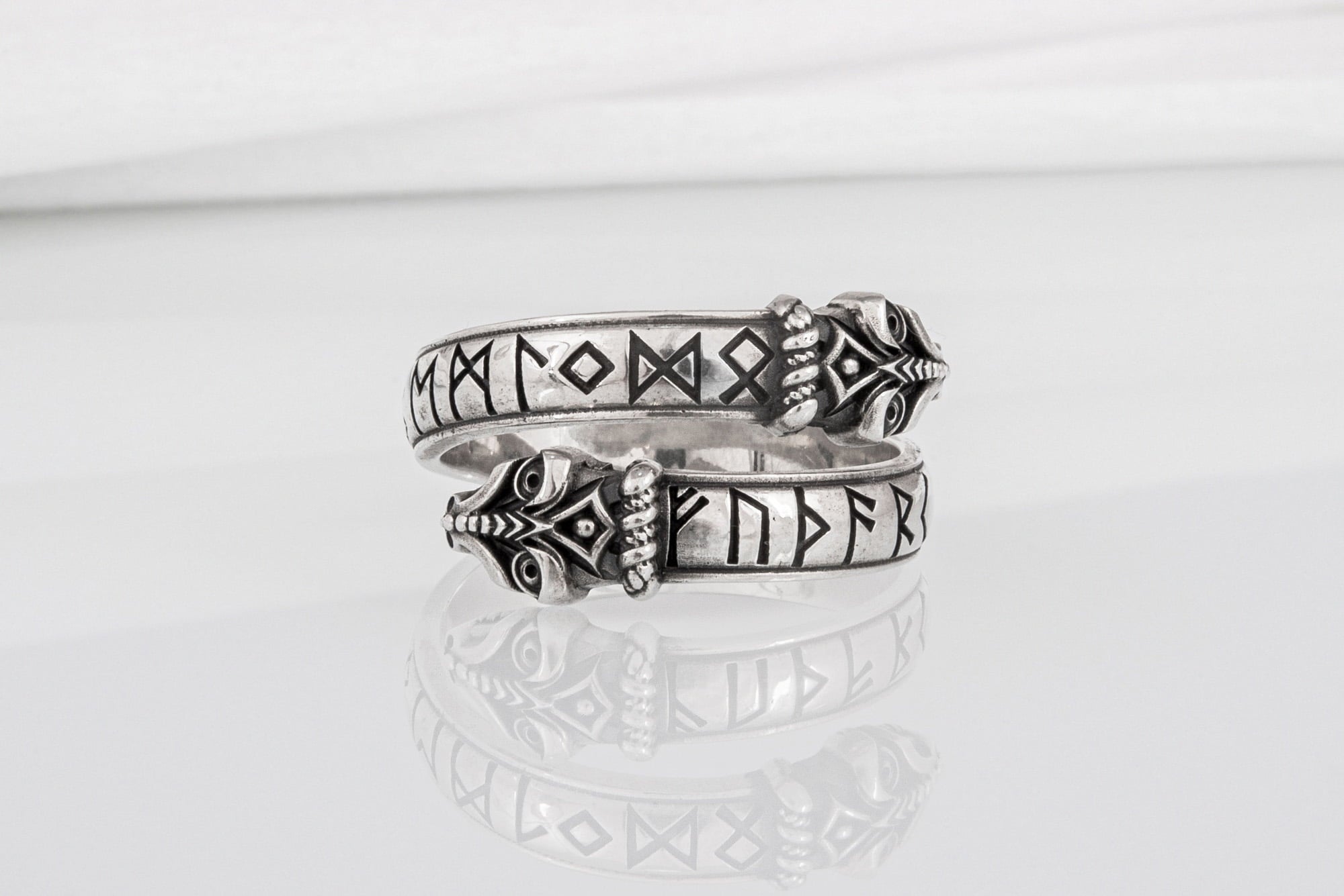 Unique sterling silver Snake ring with elder Futhark runes, handcrafted ancient norse jewel - vikingworkshop