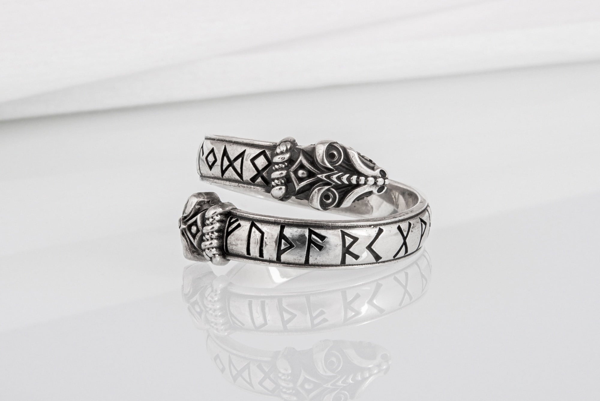 Unique sterling silver Snake ring with elder Futhark runes, handcrafted ancient norse jewel - vikingworkshop