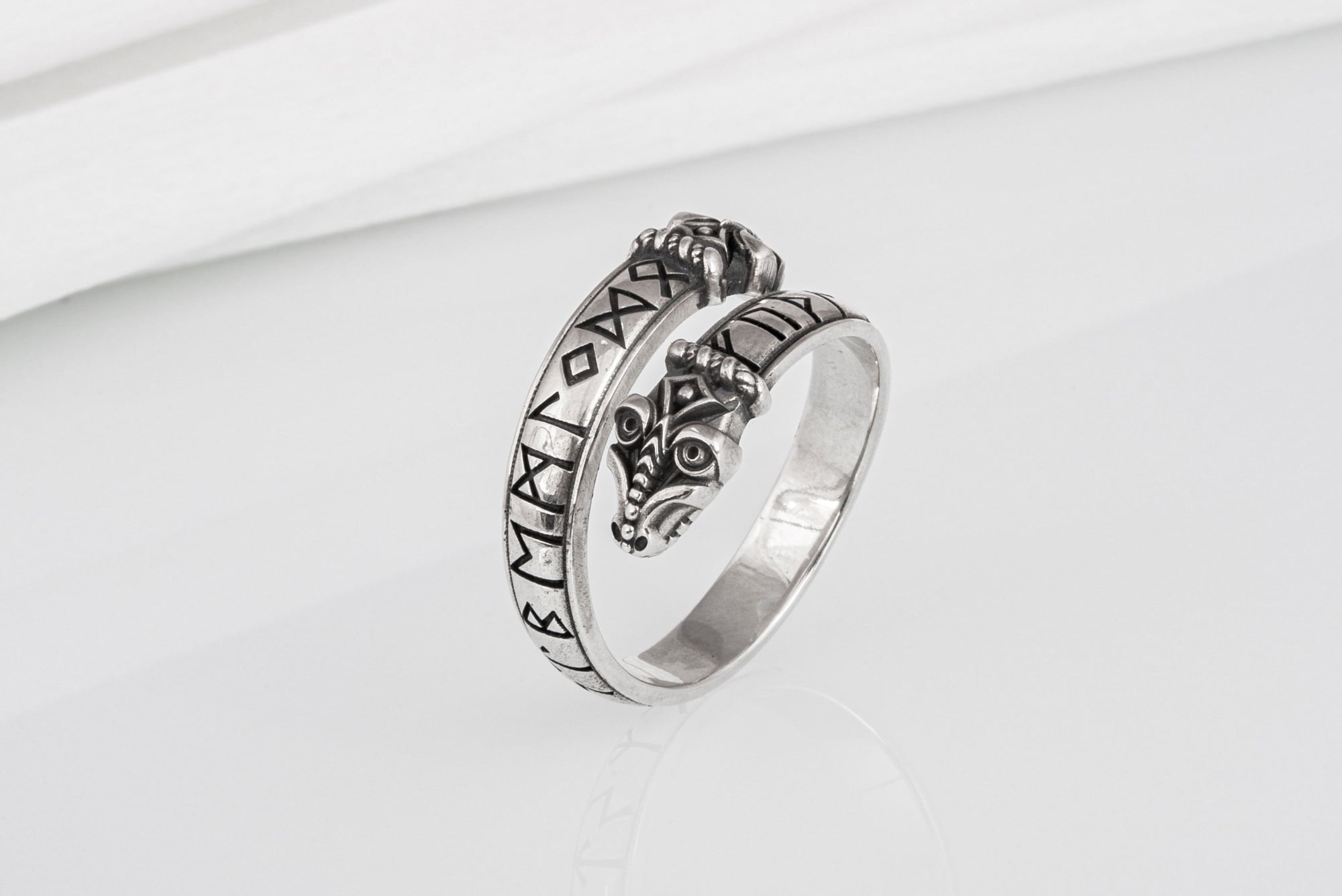 Unique sterling silver Snake ring with elder Futhark runes, handcrafted ancient norse jewel - vikingworkshop