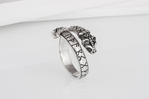 Unique sterling silver Snake ring with elder Futhark runes, handcrafted ancient norse jewel - vikingworkshop