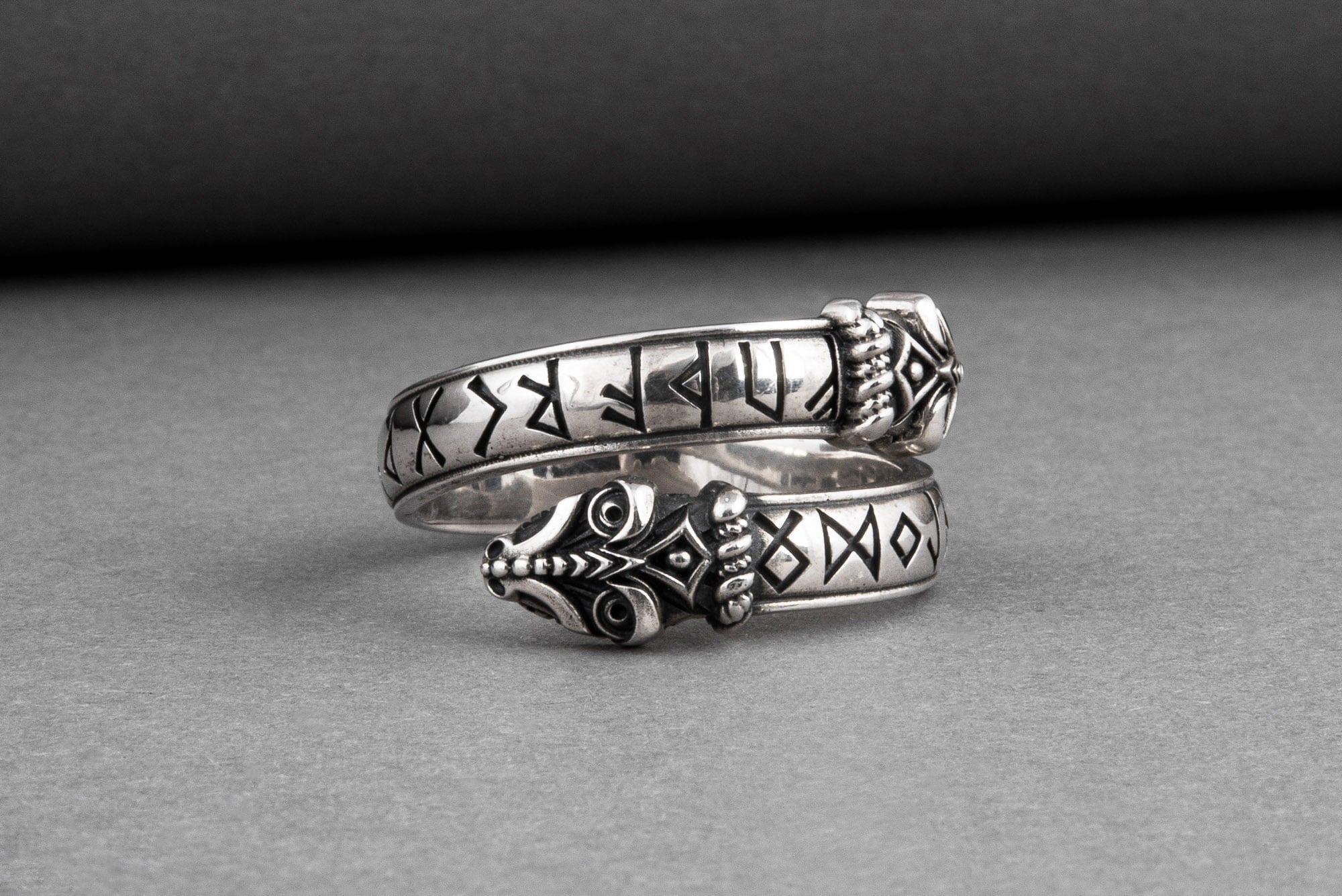 Unique sterling silver Snake ring with elder Futhark runes, handcrafted ancient norse jewel - vikingworkshop