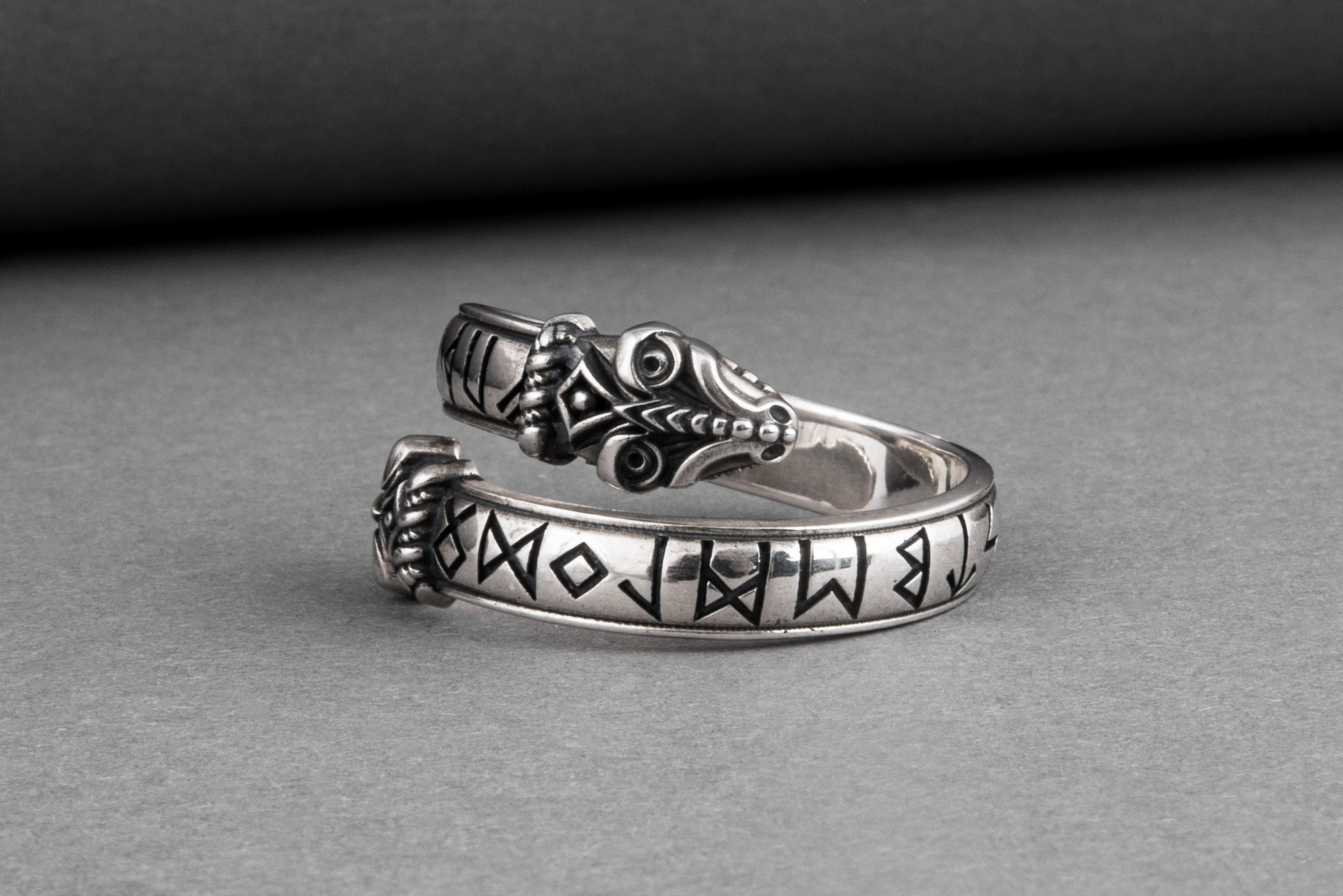 Unique sterling silver Snake ring with elder Futhark runes, handcrafted ancient norse jewel - vikingworkshop